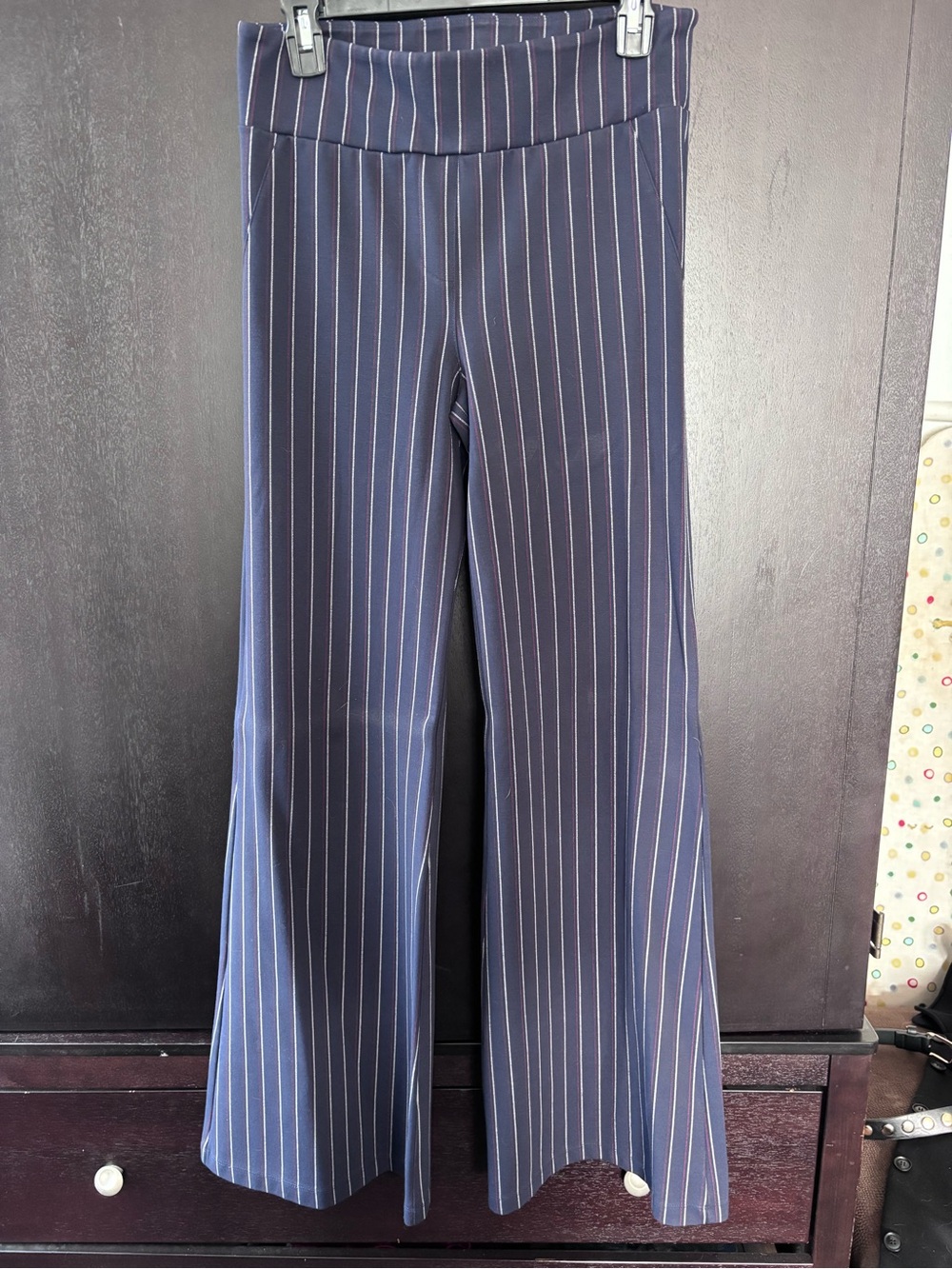 Betabrand Navy Pinstriped Wide-Leg Trousers